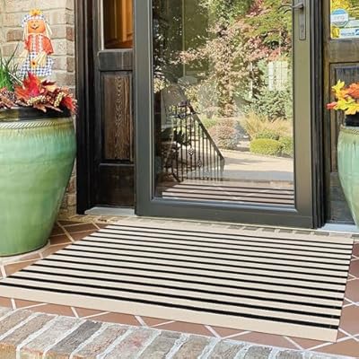 KOZYFLY Black and Beige Striped Porch Rug 27.5x43 Inches Area Rug Washable Outdoor Doormat Front Door Mat Cotton Striped Indoor Outdoor Rug for Front Door Kitchen Entryway Patio Porch