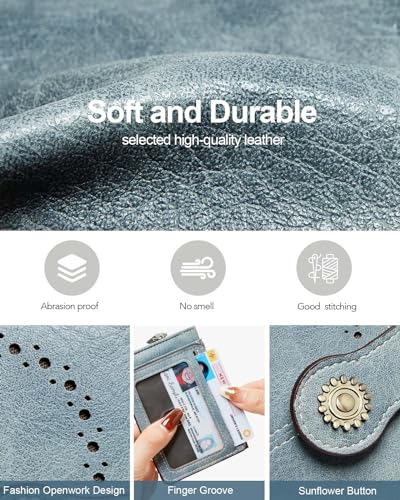 Small Womens Wallet Leather RFID Blocking Bifold Compact Card Holder Ladies Zipper Accordion Pocket with ID Window Blue3