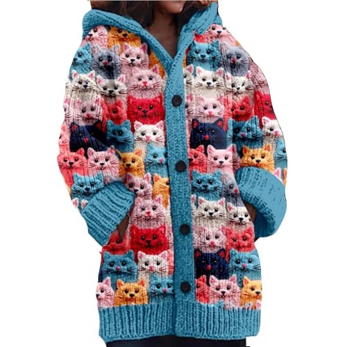 Cute Cat Pattern Knit Hooded Cardigan Cat Sweaters...