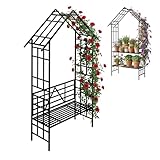 Relaxdays Rosenbogen, mit Sitzbank od. Blumenbank, Vorgarten & Garten, Rankbogen HBT: 247 x 150 x 43 cm, Metall, schwarz