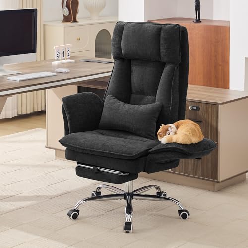 Image of HUBSON Big and Tall Office Chair, Footrest & Flip Armrest for Pets, Black | Executive Ergonomic Criss Cross Chair, Reclining High Back Desk Chair, Chenille Swivel Computer Chair with Lumber Pillow
