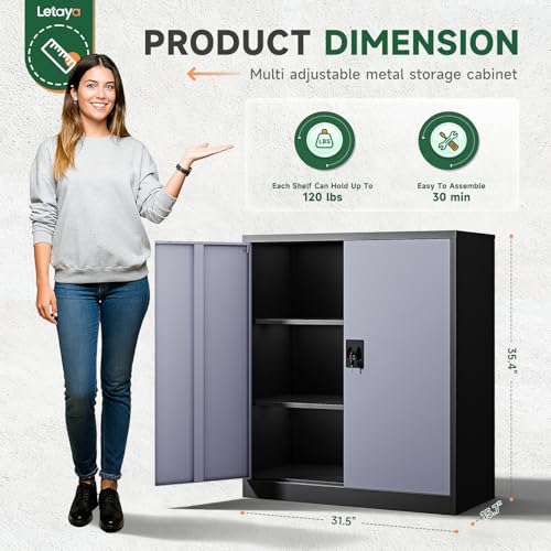Image of Letaya Metal Storage Cabinets with Lock Door,2 Adjustable Shelves Organizer Steel Storage Cabinets for Home,Office,Warehouse,Garage,Employee Lockers(Black Gray)