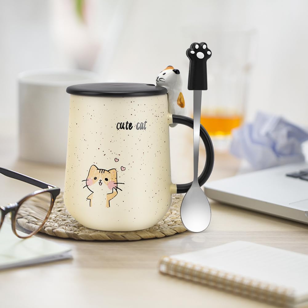 Tazza Gatto Kawaii Con Coperchio In Legno E Cucchiaio | Ceramica, 500ml | Regalo Perfetto Amanti Gatti - Foto 6