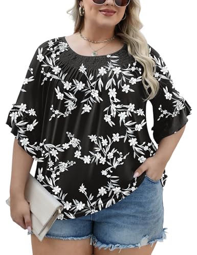 Image of Micoson Womens Plus Size Tops 3 /4 Ruffle Sleeve Crewneck Pleated Shirts