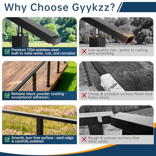 Image of 8FT Black Stainless Steel Cable Railing Handrail with POM Connector | 4 Pack Rectangular Handrail for Indoor Outdoor Deck Stair, Cuttable Deck Railing Flat Top Rail with Metal End Caps & Screws