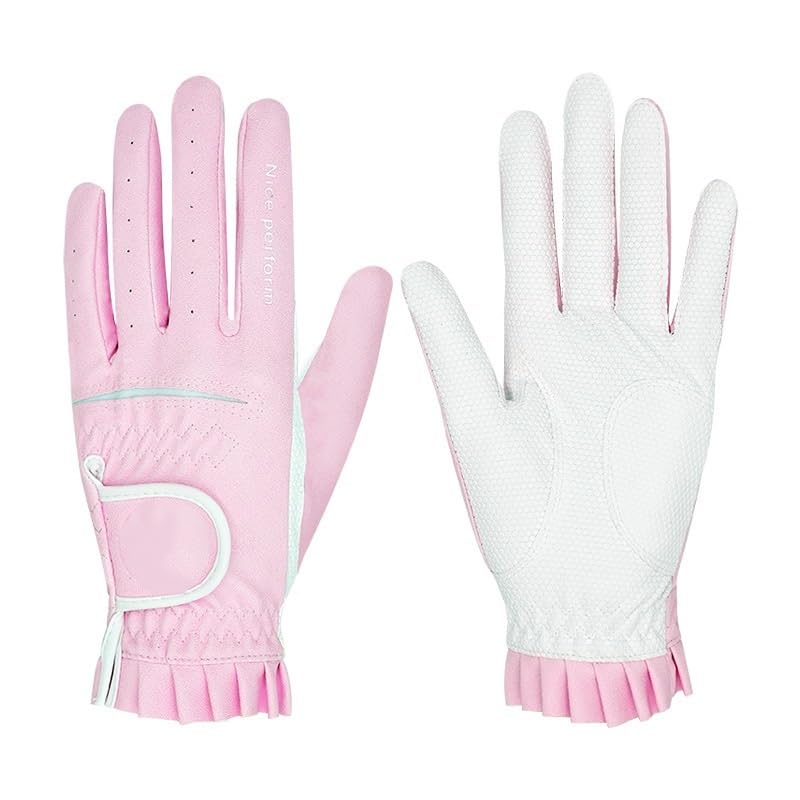 Guanti Golf Guanti da Golf da 2 Paia for Donna Golf Traspirante con Particelle Antiscivolo Accessorio da Golf for Uso Sportivo a Mano Guanto Golf(White with Pink,18)