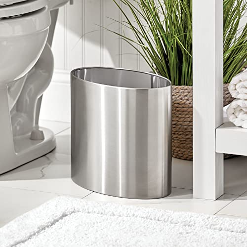 Mdesign Stainless Steel Metal Oval Trash Can, Small 2.09 Gallon Wastebasket, Garbage Basket Bin For Bathroom, Bedroom, Kitchen, Or Home Office, Holds Waste And Recycle, Mirri Collection, Brushed #TOP1