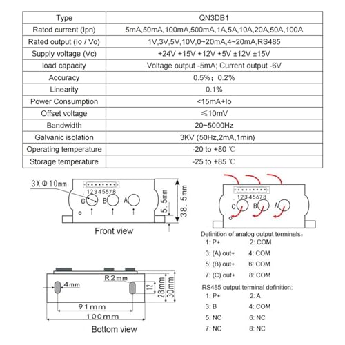Sensor de corriente trifásico efecto Hall QN3DB1 AC 50A con salida RS485 para monitoreo industrial 3