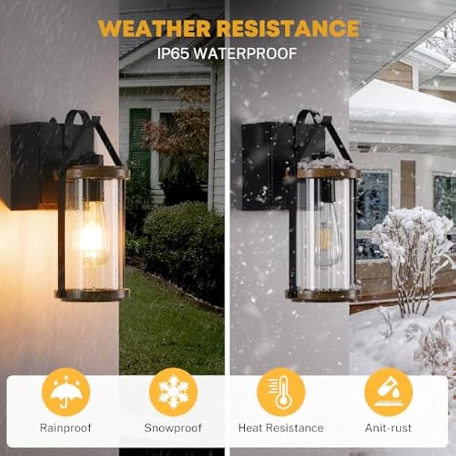Porch Light with Outlet GFCI Dusk to Dawn Outdoor Lights 1 Pack for House Waterproof Exterior Lighting Fixtures Wood Glass Front Porch Garage Black