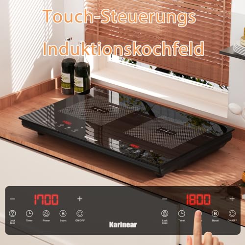 Karinear Induktionskochfeld 2 Platten 3500W mit Stecker, Boost, 60cm, Touch | Sicheres Kochen mit Kindersicherung und 240-Minuten-Timer, ideal für kleine Küchen, Wohnungen und zusätzliche Kochstellen – Bild 3