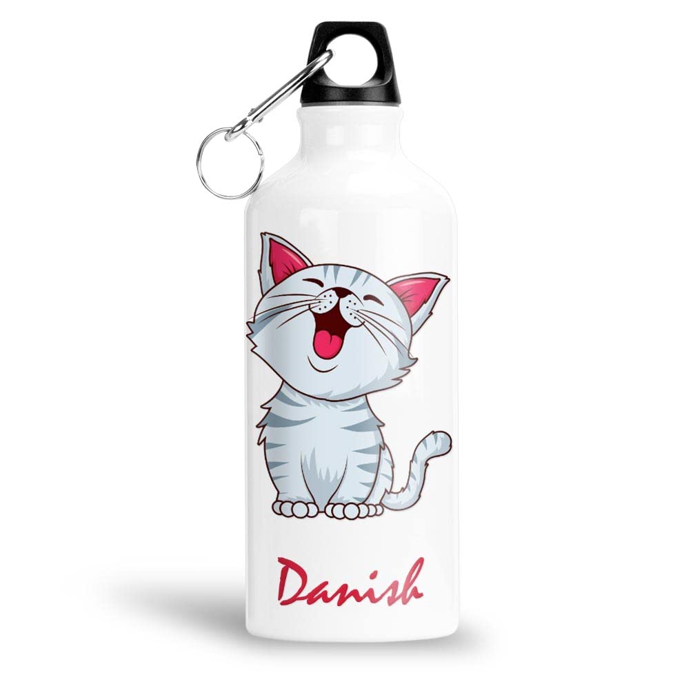 FurnishFantasy Cute Cat Personalised Aluminium 750ml Water Bottle for Kids - Best Birthday Gift for Son, Daughter, Brother, Sister, Return Gift for kids - Color - White, Name - Danish