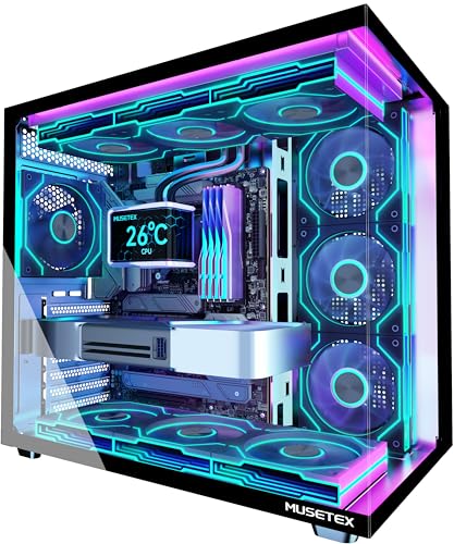 MUSETEX Y6 PC Gehäuse Vorinstallation 7 Infinity Mirror PWM ARGB-Lüfter, ATX Mid Tower Computer Gehäuse, Gaming PC Gehäuse mit Type-C, 270° Full View Tempered Glass, Schwarz