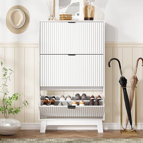Image of Shoe Cabinet Storage for Entryway with 3 Flip Drawers, Fluted Narrow Shoe Organizer with Wooden Legs, Freestanding Slim Shoe Storage Hidden Shoe Rack Organizer for Front Door Entrance, Hallway, White