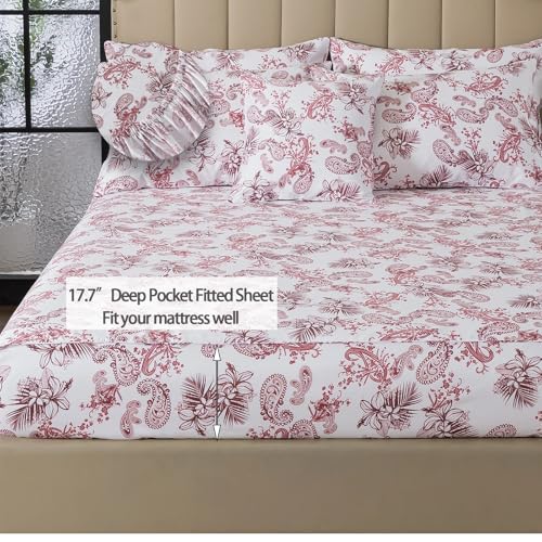 Image of FADFAY Paisley Sheets Set Queen 100% Egyptian Cotton Exotic Tropical Floral Sheets Vintage Red & White French Country Bedding Shabby Romantic Farmhouse Bedding Soft & Breathable Deep Pocket, 4Pcs