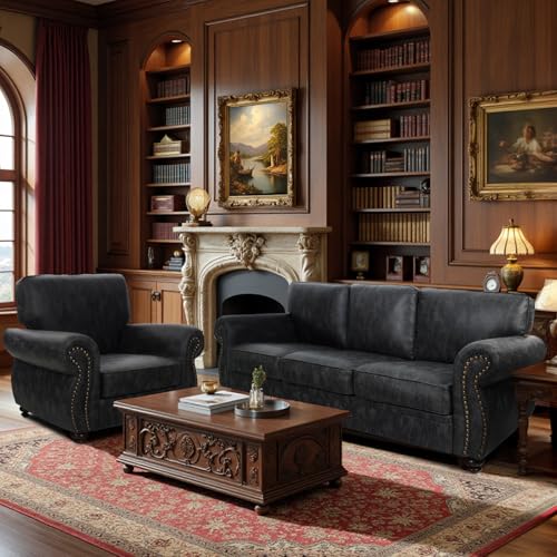 Image of Couchus 88 inch W Living Room Furniture Sets, Mid-Century Vintage Faux Leather Sofa and Couch Sets, Loveseat and Sofa Set with Nailhead Trim (Grey, Single+3 Seater)