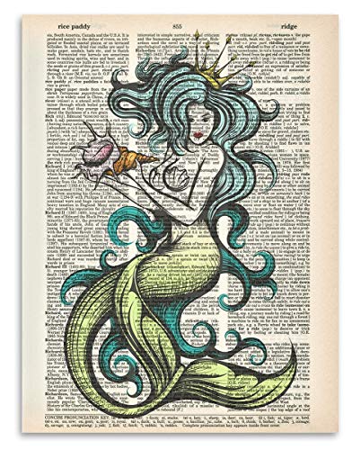 Upcycled Dictionary Art - Mermaid Sea Queen - Vintage Beach House and Bathroom Accessories, Nautical Ocean Teen's Room Wall Art, Great Gifty for Sea Lovers, 8.5x11 Unframed Dictionary Art Print Poster