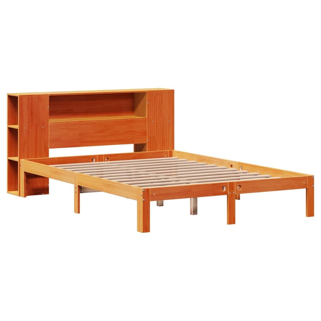 lite drewno sosnowe z regałem wezgłowie 140x190 brąz | Łóżko sosnowe z regałem 140x190cm, woskowy brąz, bez materaca, drewniana rama z stelażem, zagłówek z półkami