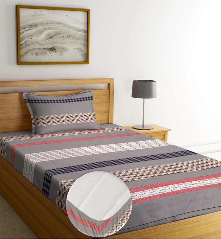 Image of NEW LEAF Pure Cotton All Round Elastic Fitted Floral Bedsheets With 1 Pillow Cover|Single Mattress Bed Breathable|Longlasting|Supersoft Size - 36 X 72 + 6 Inches (Color -Pink Blue),220 Tc,Small Single