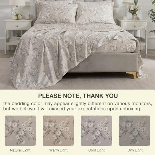 Image of Gray-Beige Floral Percale Sheets California King Deep Pocket, 4Pcs