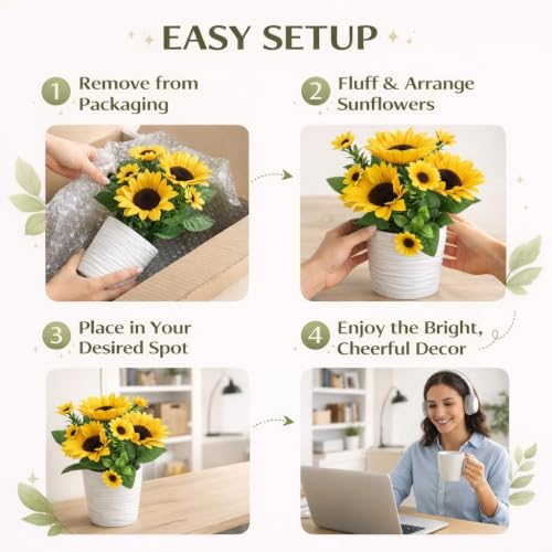 Image of CURATED CART Artificial Sunflowers, Yellow Silk Flowers for Home, Wedding, Party Decoration, Indoor Outdoor Floral Arrangement (Sunflower with Pot)