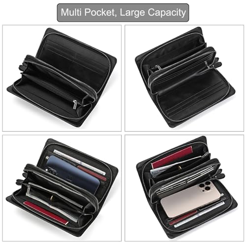 Genuine Leather Wallet Double Zipper Large Capacity Long Purse Clutch Bag Handbag Pouch Business Cash Cards Phone Holder, Black2