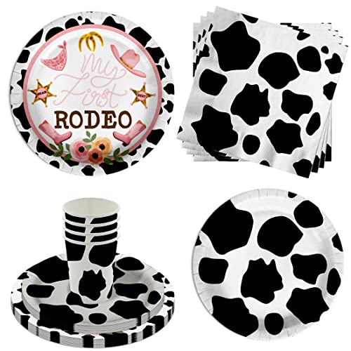 My First Rodeo Cow Girl Birthday Party Supplies - 64 Piece Girls Cow Print 1st Birthday Tableware Set Includes Large 9