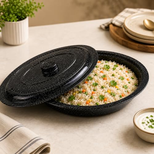 Image of Melvio By Malti Black Granite 1 Piece Rice Plate with Lid | Melamine Dinnerware Set, Premium Dinner Set Crockery Plates Bowls Tableware for Home Dining Kitchen