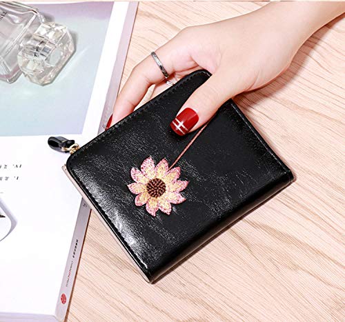 Image of AOXONEL Womens Rfid Small Compact Bifold Wallet,Cute Mini Zipper Card Coin Purse for Girls (Black)