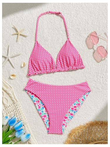 Floerns Girl's 2 Piece Bathing Suit Floral Halter Bikini Set High Waisted Swimwear2