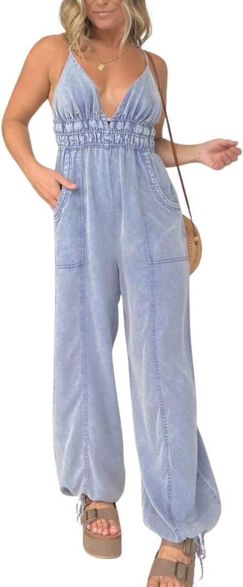 utcoco Womens Smocked Elastic Waist Denim Jumpsuit Sleeveless Adjustable Straps Wide Leg Jeans Overall Jumpsuits