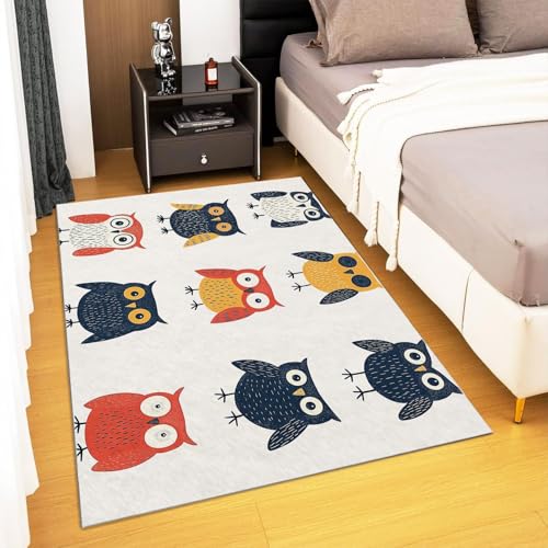 AUWUUA Tapis Enfants, Motif Animaux de Dessin animé, Hibou, 90 x 160 cm, coloré, Doux à Poils Ras Lavable antidérapant imprimé, pour Chambre d'enfant,...