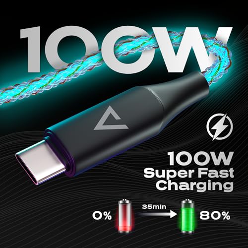 Statik Light Up Charger Cable - GloBright Braided LED Charging Cable, Glowing Super Fast Charging 100W Light Up Cable, Data Transfer, Lighted Phone Charger Cord - 6FT/2M, Type USB C to USB C