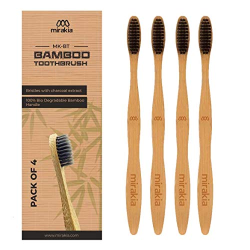 mirakia100% organic bamboo toothbrush with soft bristles for a healthier gum (biodegradable & BPA free & curvy design) pack of 4