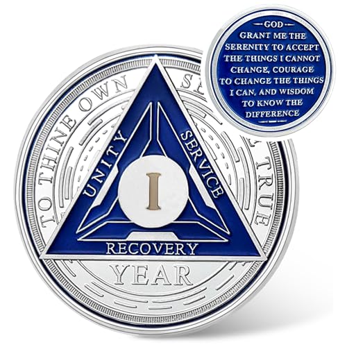 Image of Recovery Triangle 1 Year Sobriety Coin - Silver Roman Numeral NA AA Coins - 1-40 Prime NA /HA /AA Chips and Medallions - Narcotics Alcoholics Anonymous Sober Gifts for Men Women