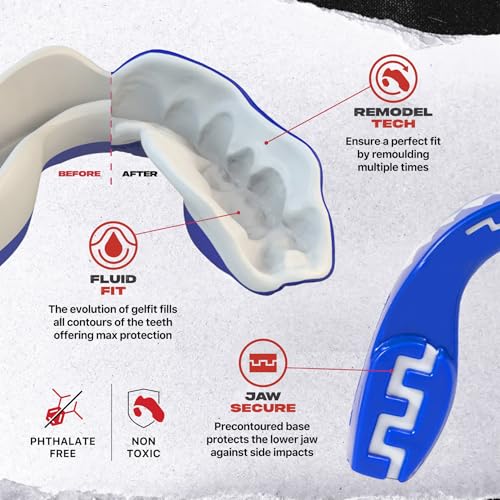 Image of SAFEJAWZ Mouth Guard, Dual Layer Mouthguard for Adults with Case, Easy Fit Remoldable Mouthpiece for Football, Boxing, Lacrosse, MMA, Basketball & All Contact Sports (Adult 12+ Years, Shark Blue)
