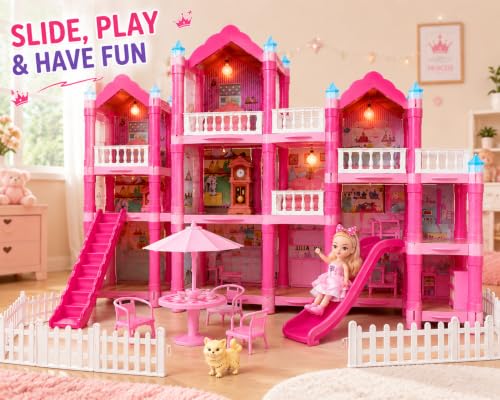 Image of 4-Floor Dollhouse Playset, 11 Rooms, 296 Pieces, Pink Villa