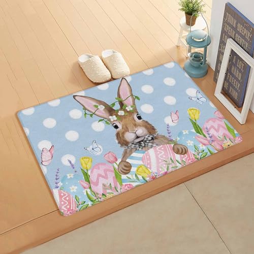Easter Eggs Bunny Kitchen Bath Door Mat Cushioned Runner Rug,Washable Welcome Floor Sink Antifatigue Mat,Waterproof & Non-Slip Comfort Standing Doormat,Spring Flowers Bohemian Blue Polka Dots 18