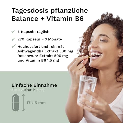 Ashwagandha Kapseln - mit Rosenwurz & Vitamin B6-270 vegane Kapseln für 3 Monate - indische Schlafbeere - ohne Zusatzstoffe - laborgeprüft - Balanced Vitality – Bild 5