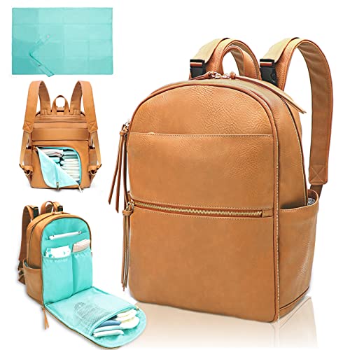 Image of MOMINSIDE Diaper Bag Backpack Leather Baby Bag with 6 Insulated Pockets for Mom Dad, Baby Registry Search, Changing Pad, Stroller Straps, Large Capacity for Wet Clothes, Waterproof (Biscuit)