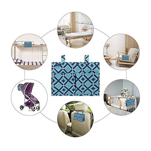 Image of Surblue Bedside Caddy Hanging Organizer Storage Bag for Bunk and Hospital Beds, College Dorm Rooms, Baby Rails, Camp Chairs, Wheelchair - 4 Pockets, 2 Hooks (Blue Plaid)