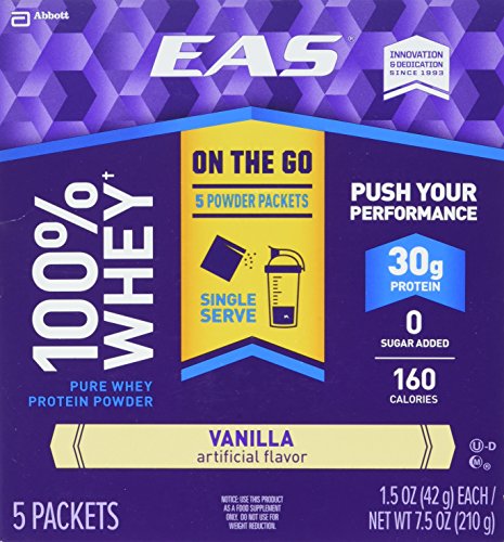 EAS 100% Whey On-the-Go Protein Powder Packets, Vanilla, 1.5 Ounce, 5 Count EAS 100% Whey On-the-Go Protein Powder Packets, Vanilla, 1.5 Ounce, 5 Count