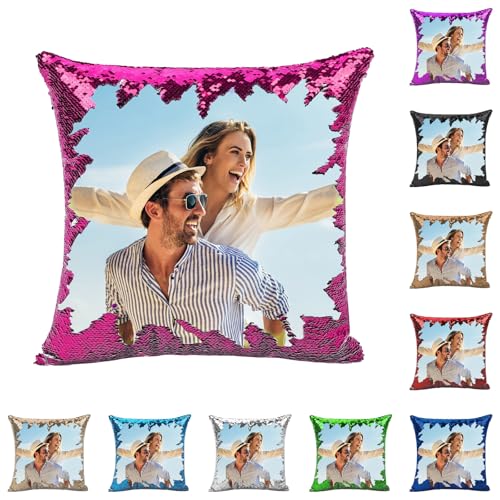 Housse de Coussin Photo Magique à Paillettes,Personnalisation Image, Mots, Animaux, Taie d'oreiller Scintillante DIY,Offrez Un Cadeau Unique,enveloppe...