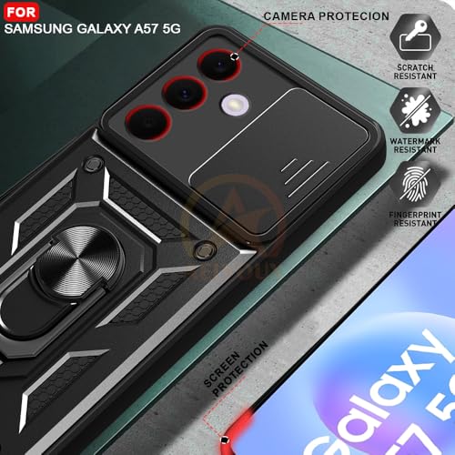 Image of Armor Bumper Back Cover Case for Samsung Galaxy A57 5G | Rotating Camera Cover, Ring Holder & Kickstand | Heavy Duty & 360 Degree Protection Back Cover (Black)