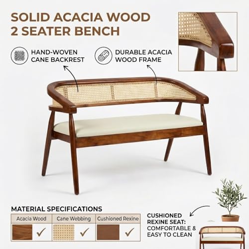 Image of Solid Acacia Wood 2 Seater Bench with Cushioned Rexine Seat | Anti-Termite Wooden Sofa Bench for Living Room, Bedroom & Entryway | Modern Cane Backrest Design (47 x 19 x 29 Inch)