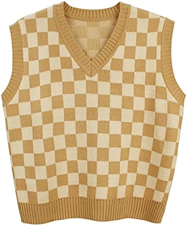 Gulajia Women's V-Neck Knit Sweater Vest Oversized Sleeveless Loose 90s Waistcoat Pullover Checkerboard Plaid Sweater Vest Khaki L
