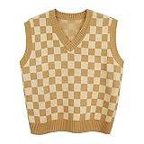 Gulajia Women's V-Neck Knit Sweater Vest Oversized Sleeveless Loose 90s Waistcoat Pullover Checkerbo