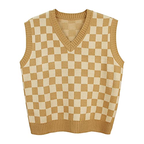 Gulajia Women's V-Neck Knit Sweater Vest Oversized Sleeveless Loose 90S Waistcoat Pullover Checkerboard Plaid Sweater Vest Khaki L #TOP13