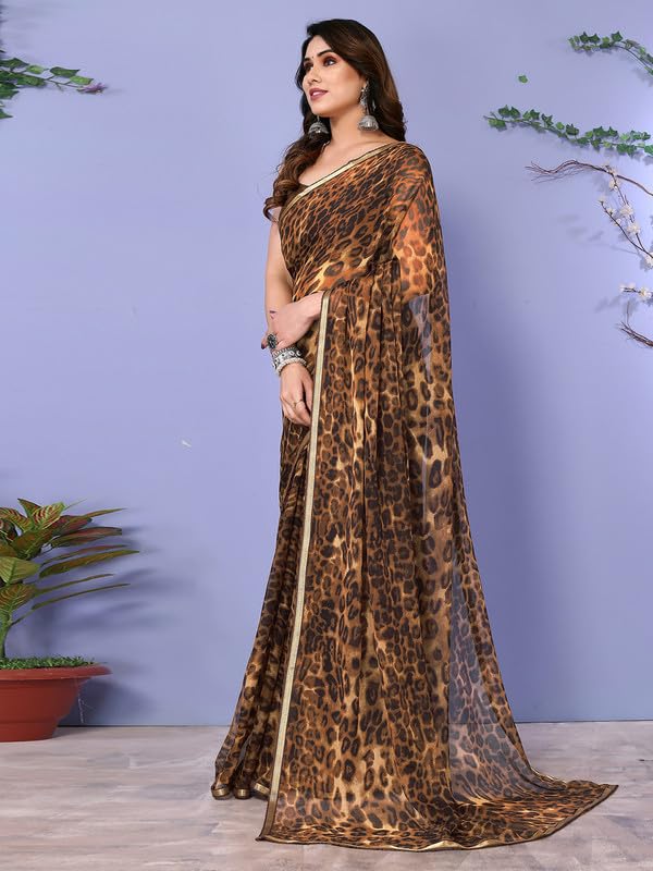 Satrani Women's Chiffon Animal Print & Lace Saree With Unstitched Blouse Piece (3296S573Na_Dark Brown2)