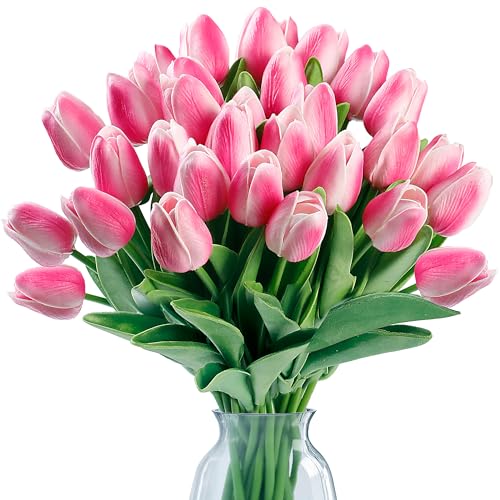 Sggvecsy 15 Pcs Fake Tulips Artificial Flowers Real Touch PU Faux Flowers Tulip Stems for Wedding...