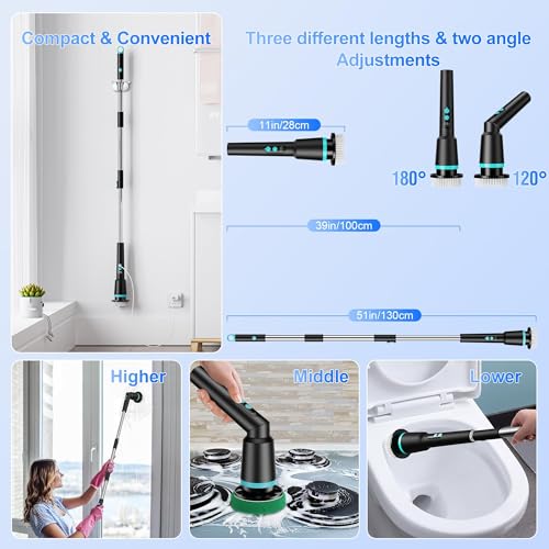 Electric Spin Scrubber Cordless with Remote Button, 8 Brush Heads, IPX7 Waterproof, 3 Speeds, Adjustable Handle (11-51”), Bathroom, Tile, Kitchen, Car & Floor Cleaning Tool (Black) - Image 5